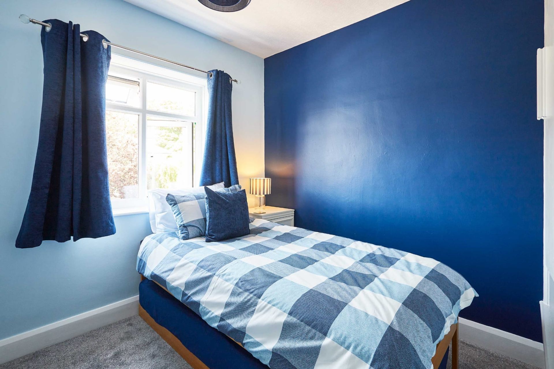 Bright single bedroom with navy feature wall and garden views
